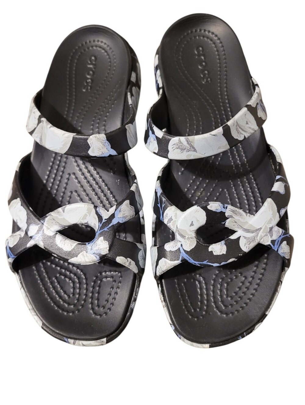 Crocs Meleen Twist Black Gray Blue Floral Grahic Sandals W 10 Comfy Casual Boho